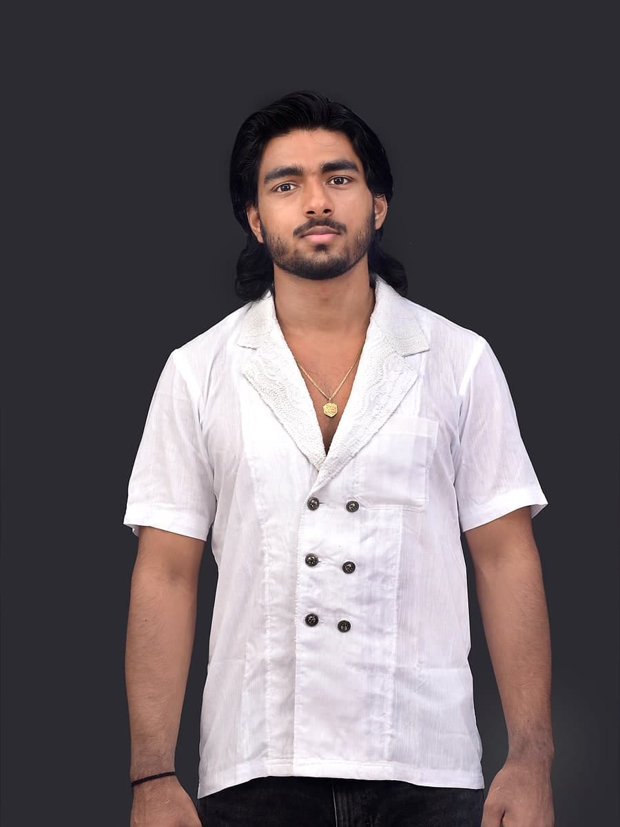 Model wearing Bakhiya-e-Awadh, an ivory Lucknow-inspired cotton jacket