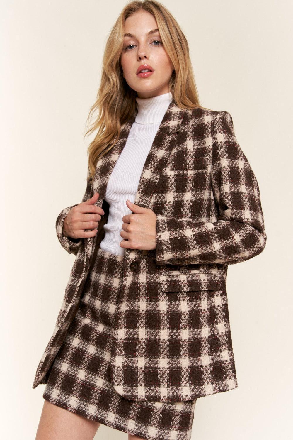 And The Why Full Size Plaid Brushed One Button Blazer - Divasha