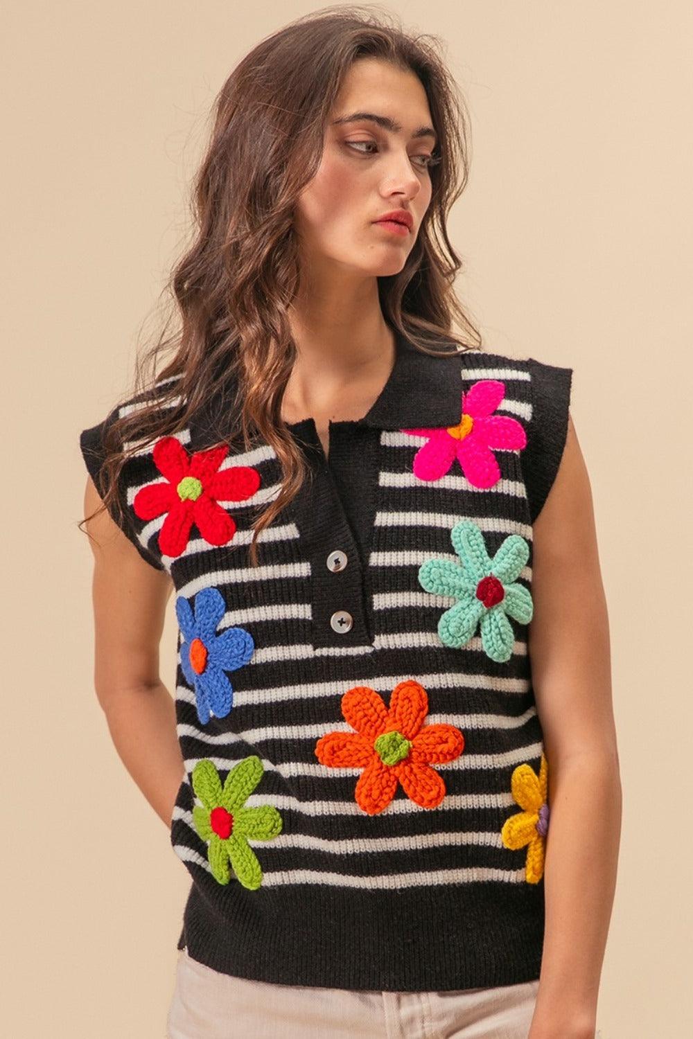 BiBi Flower Patch Striped Half Button Sweater Vest - Divasha