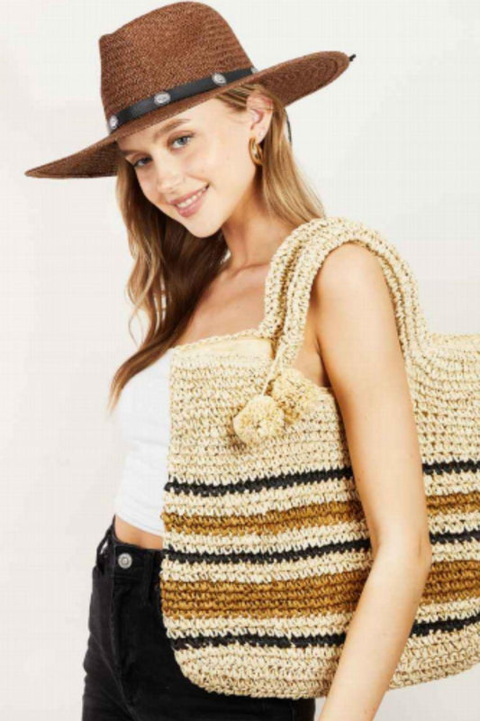 Fame Striped Straw Braided Tote Bag - Divasha