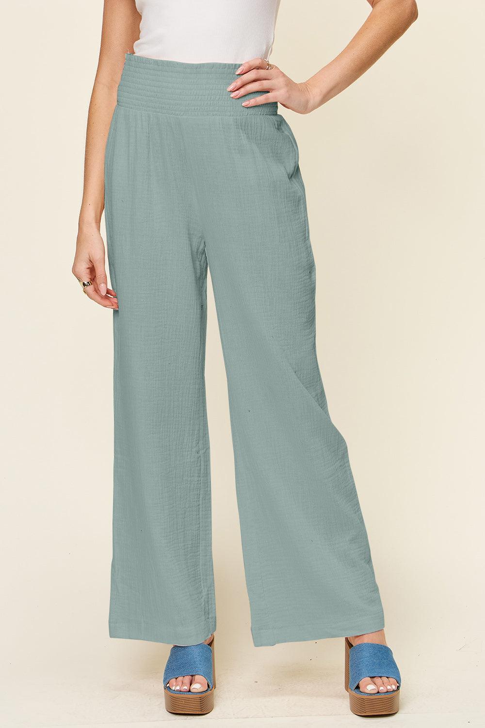 Double Take Full Size Texture Smocked Waist Wide Leg Pants - Divasha