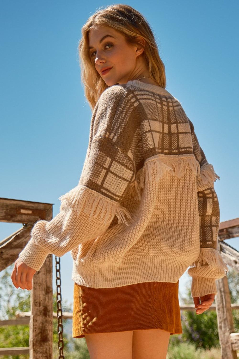 And The Why Plaid Pattern Color Block Fringe Sweater - Divasha