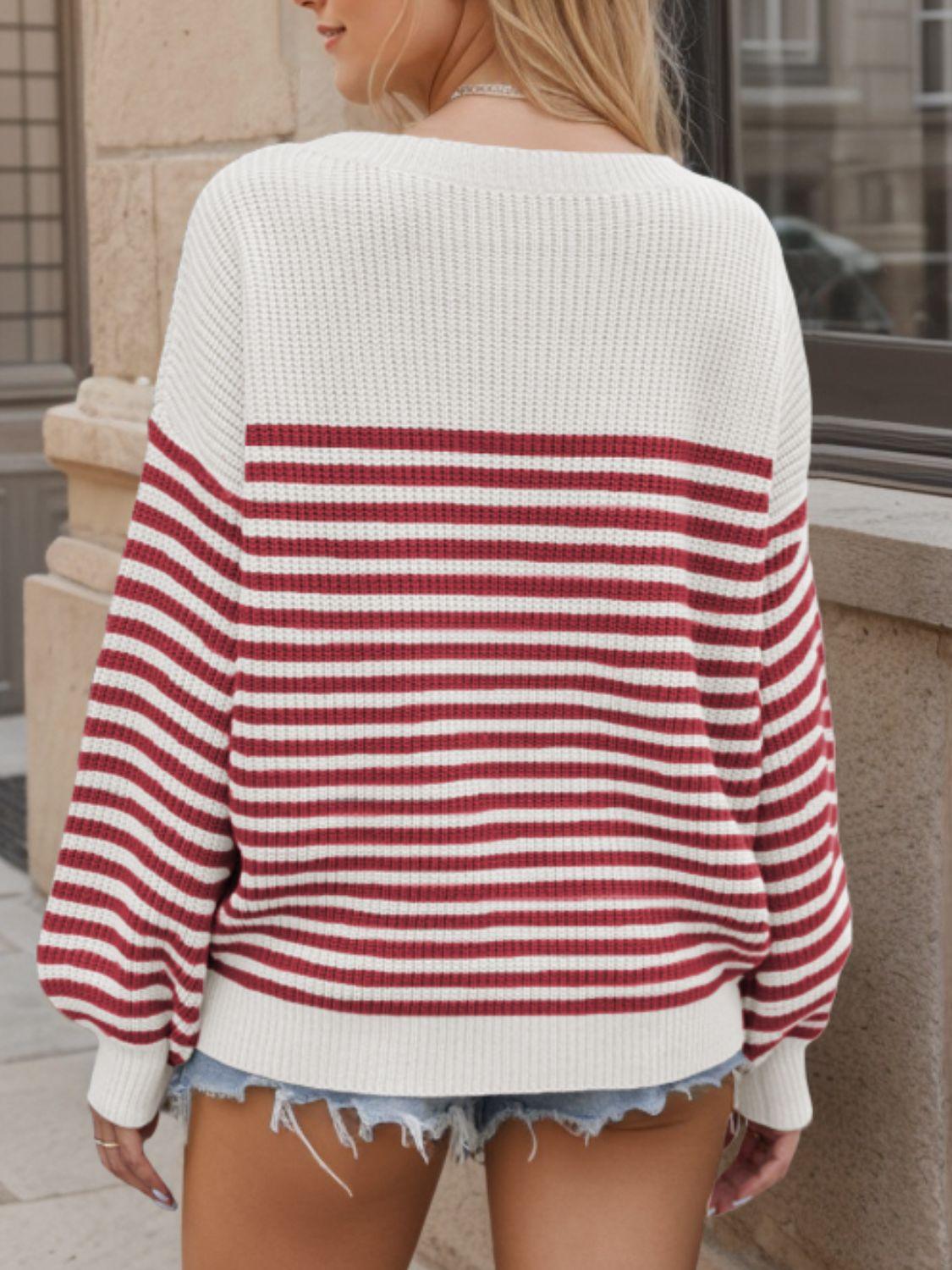 Striped Round Neck Long Sleeve Sweater - Divasha