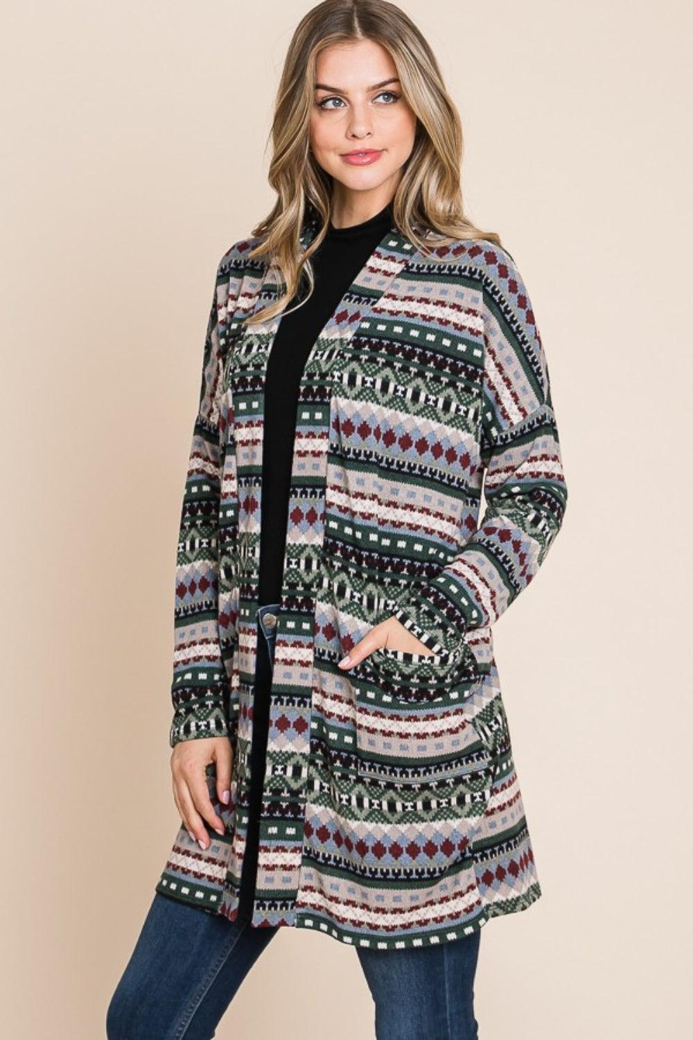 BOMBOM Geometric Open Front Long Sleeve Cardigan with Pockets - Divasha