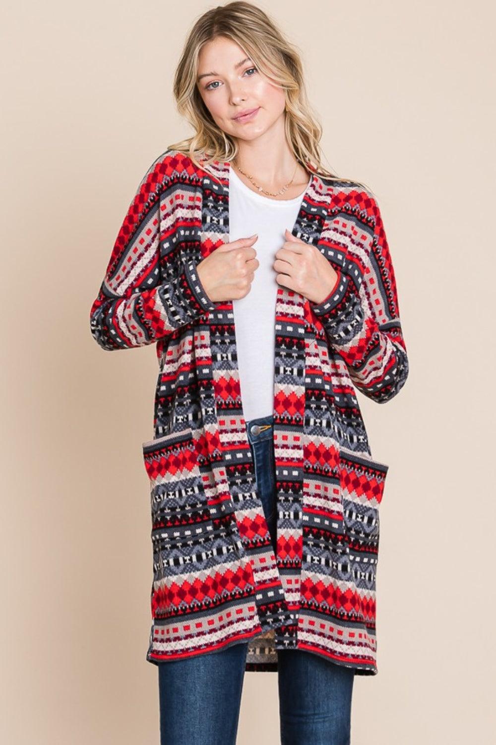 BOMBOM Geometric Open Front Long Sleeve Cardigan with Pockets - Divasha