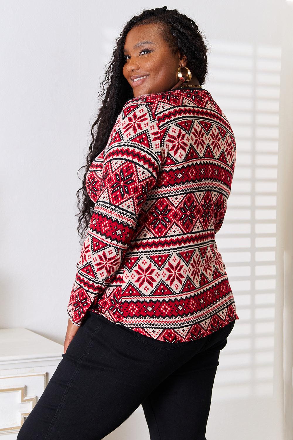 Heimish Full Size Snowflake Print Long Sleeve Top - Divasha