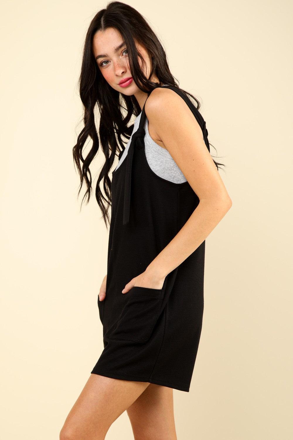 VERY J Tie Shoulder Front Pocket Romper - Divasha