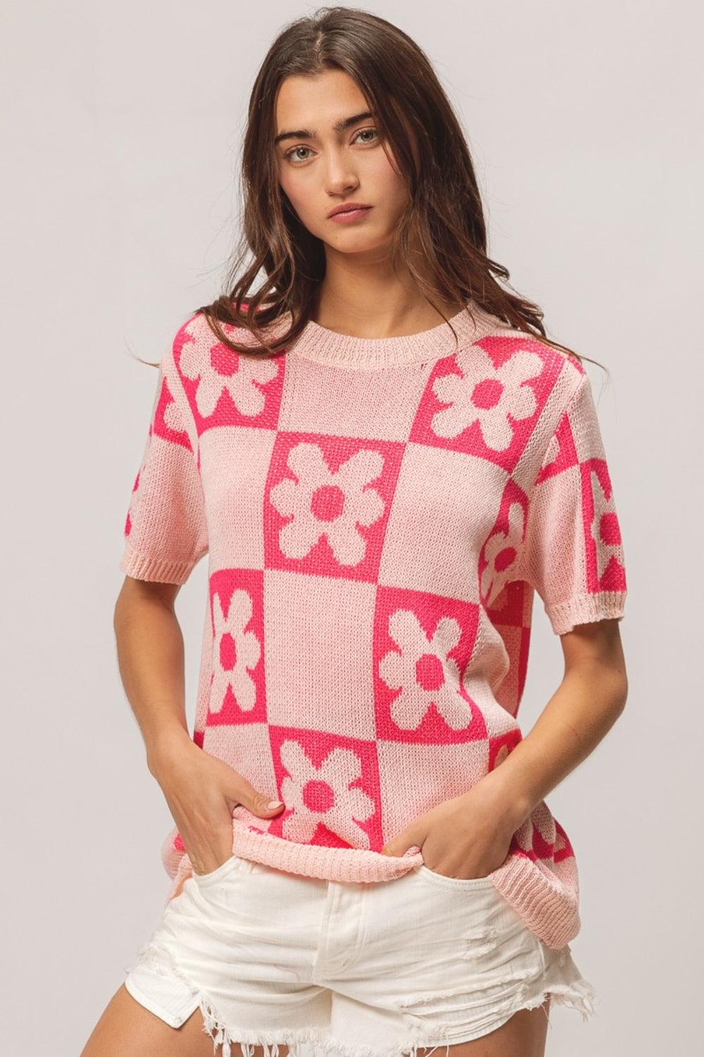 BiBi Flower Checker Pattern Short Sleeve Sweater - Divasha