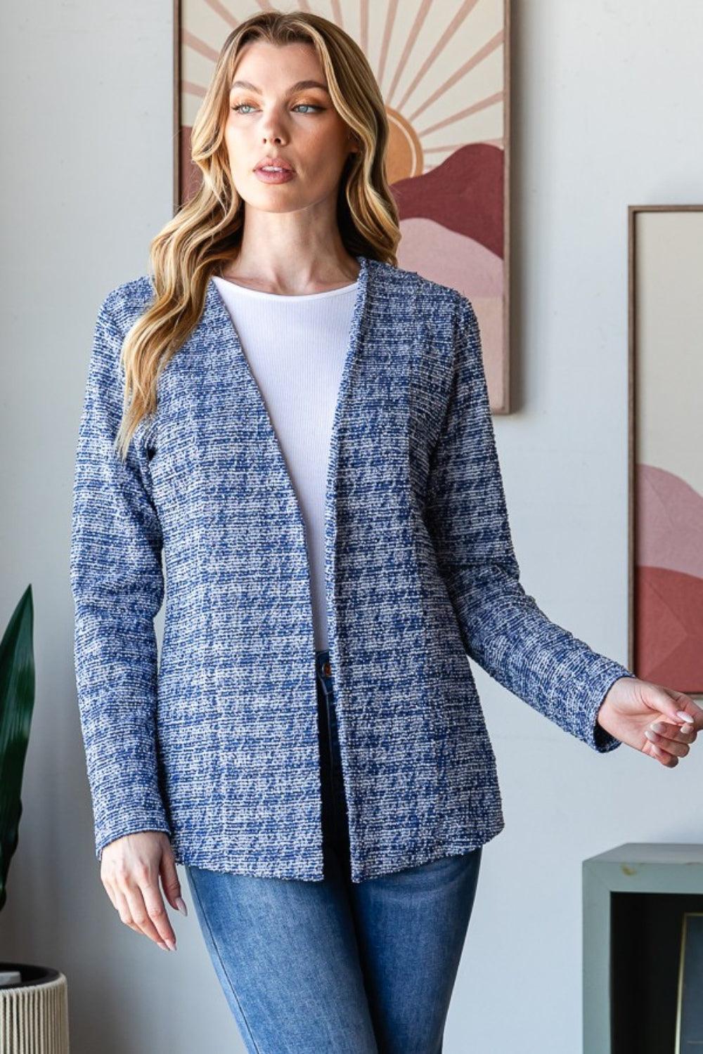 Heimish Full Size Houndstooth Tweed Open Front Blazer - Divasha