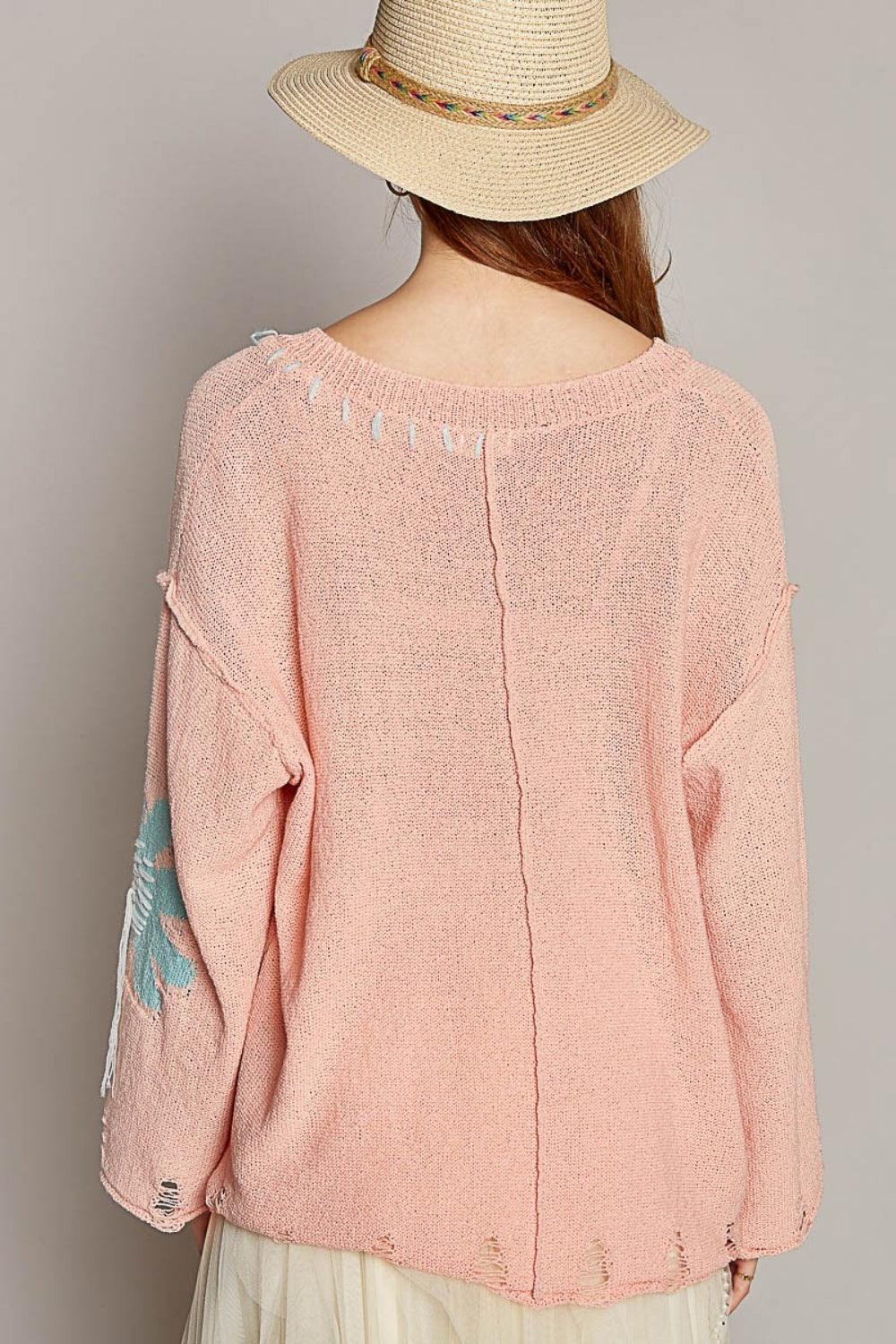 POL Distressed Flower V-Neck Dropped Shoulder Knit Top - Divasha