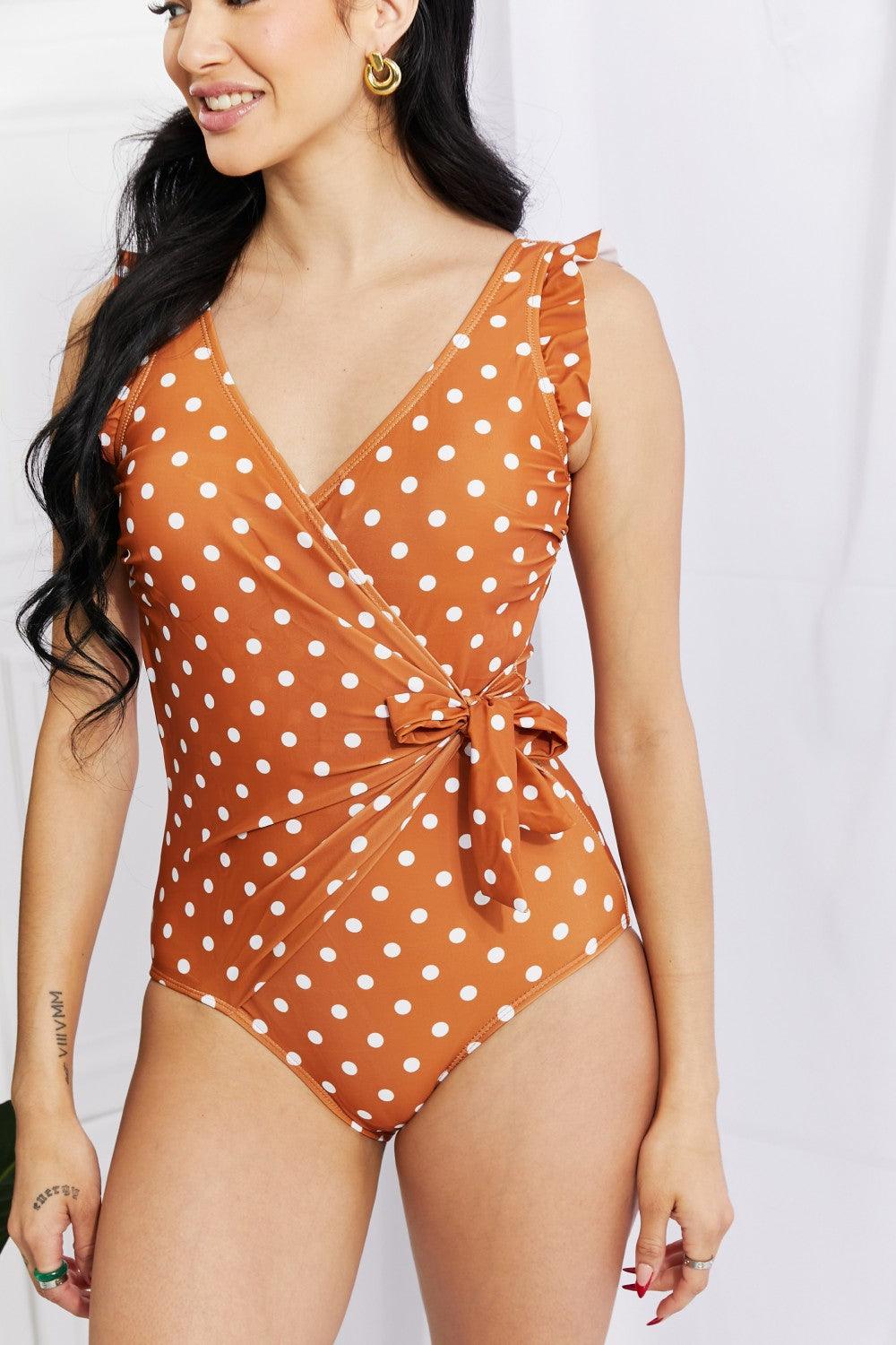 Marina West Swim Full Size Float On Ruffle Faux Wrap One-Piece in Terracotta - Divasha