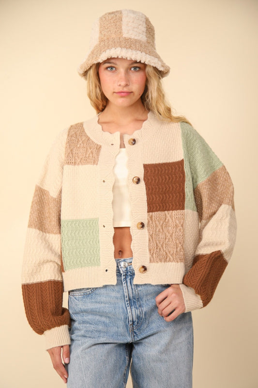 VERY J Color Block Button Down Textured Sweater Cardigan - Divasha