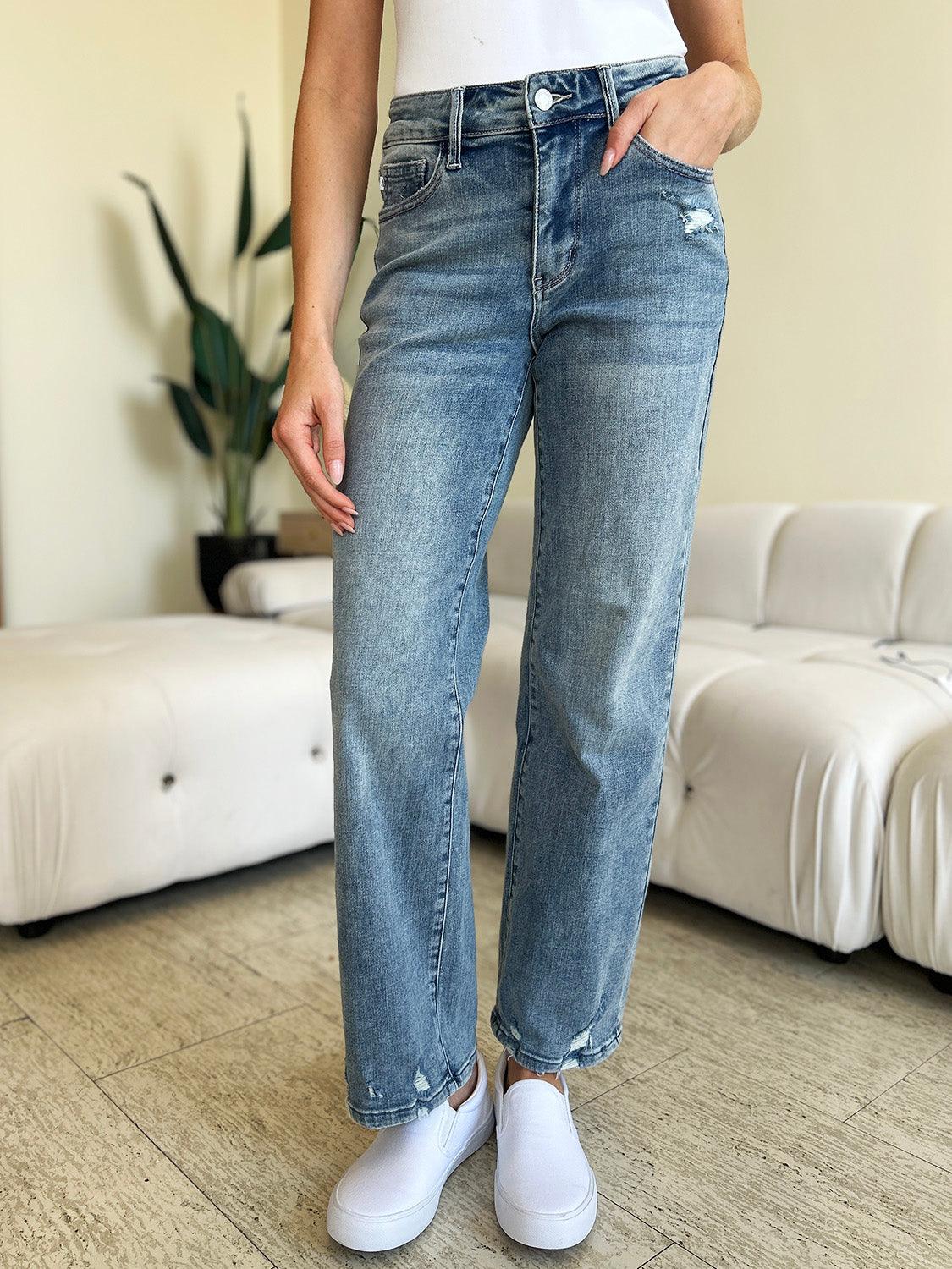 Judy Blue Full Size Mid Rise Distressed Straight Jeans - Divasha