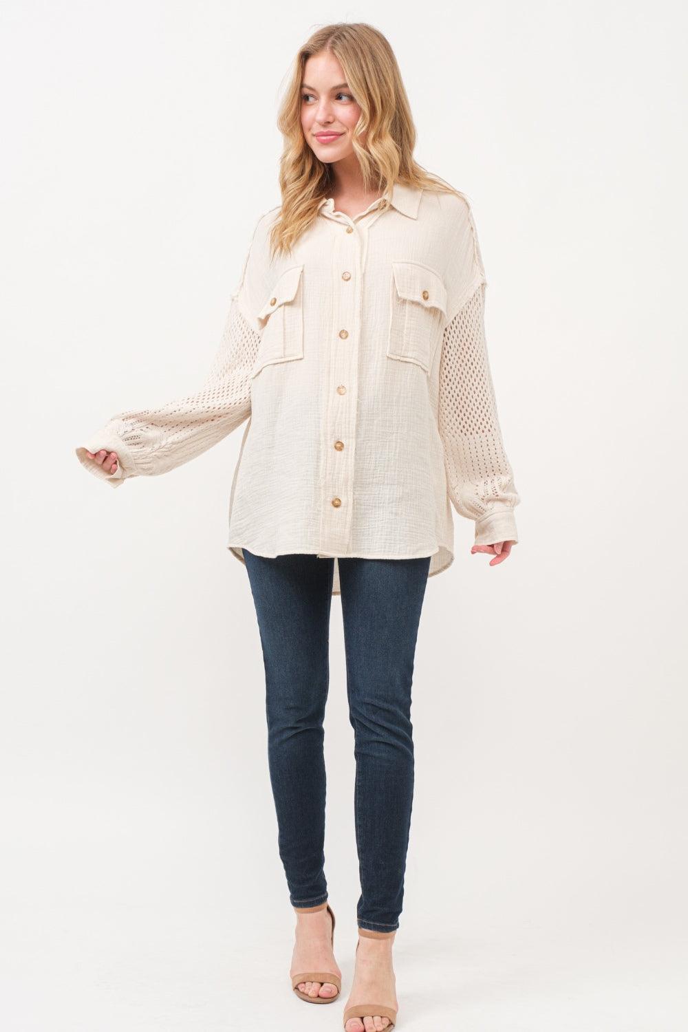 And The Why Texture Button Up Openwork Shirt - Divasha