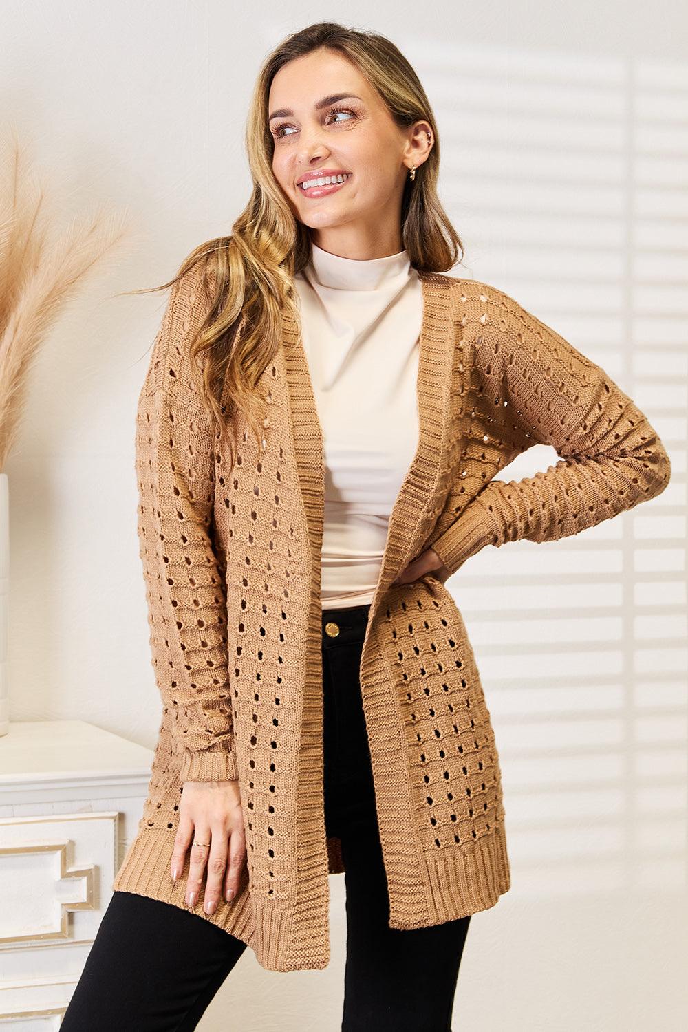 Woven Right Openwork Horizontal Ribbing Open Front Cardigan - Divasha