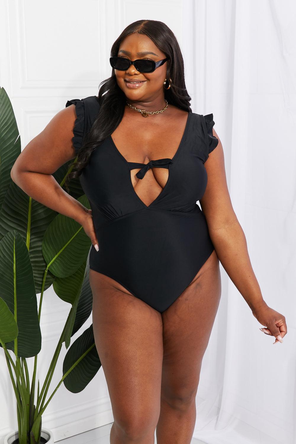 Marina West Swim Seashell Ruffle Sleeve One-Piece in Black - Divasha