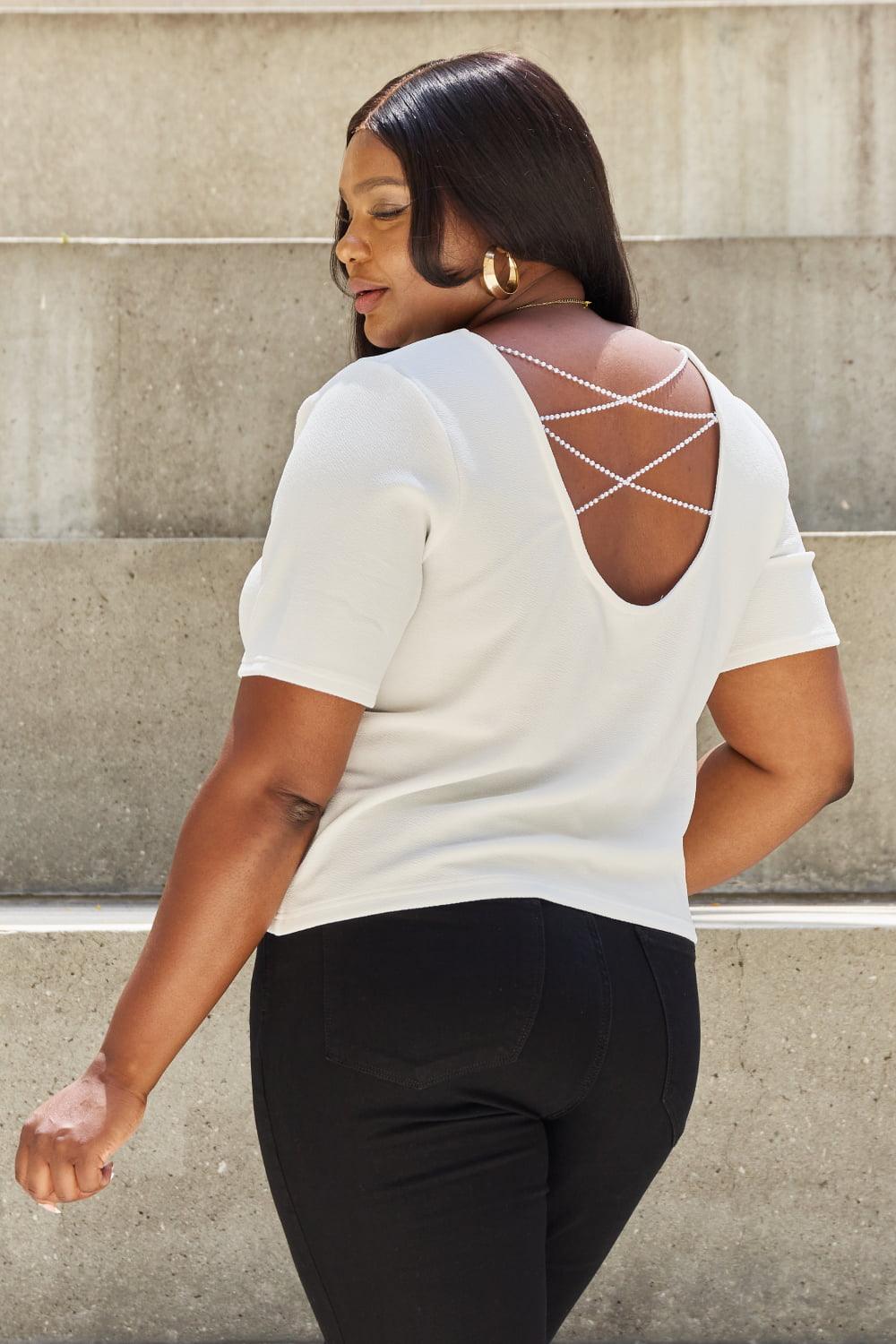 And The Why Pearly White Full Size Criss Cross Pearl Detail Open Back T-Shirt - Divasha