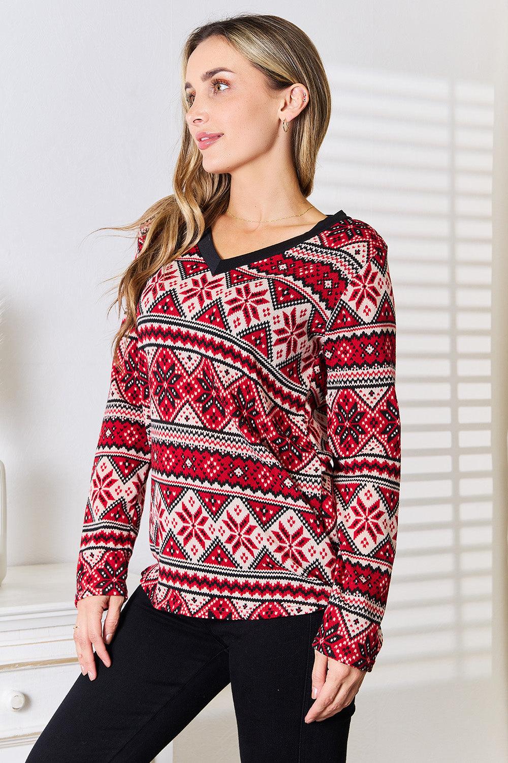 Heimish Full Size Snowflake Print Long Sleeve Top - Divasha