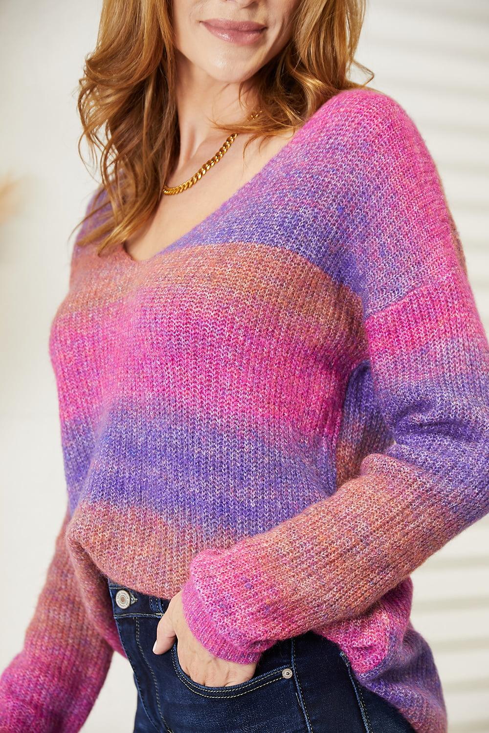 Angel Wings Multicolored Rib-Knit V-Neck Knit Pullover - Divasha