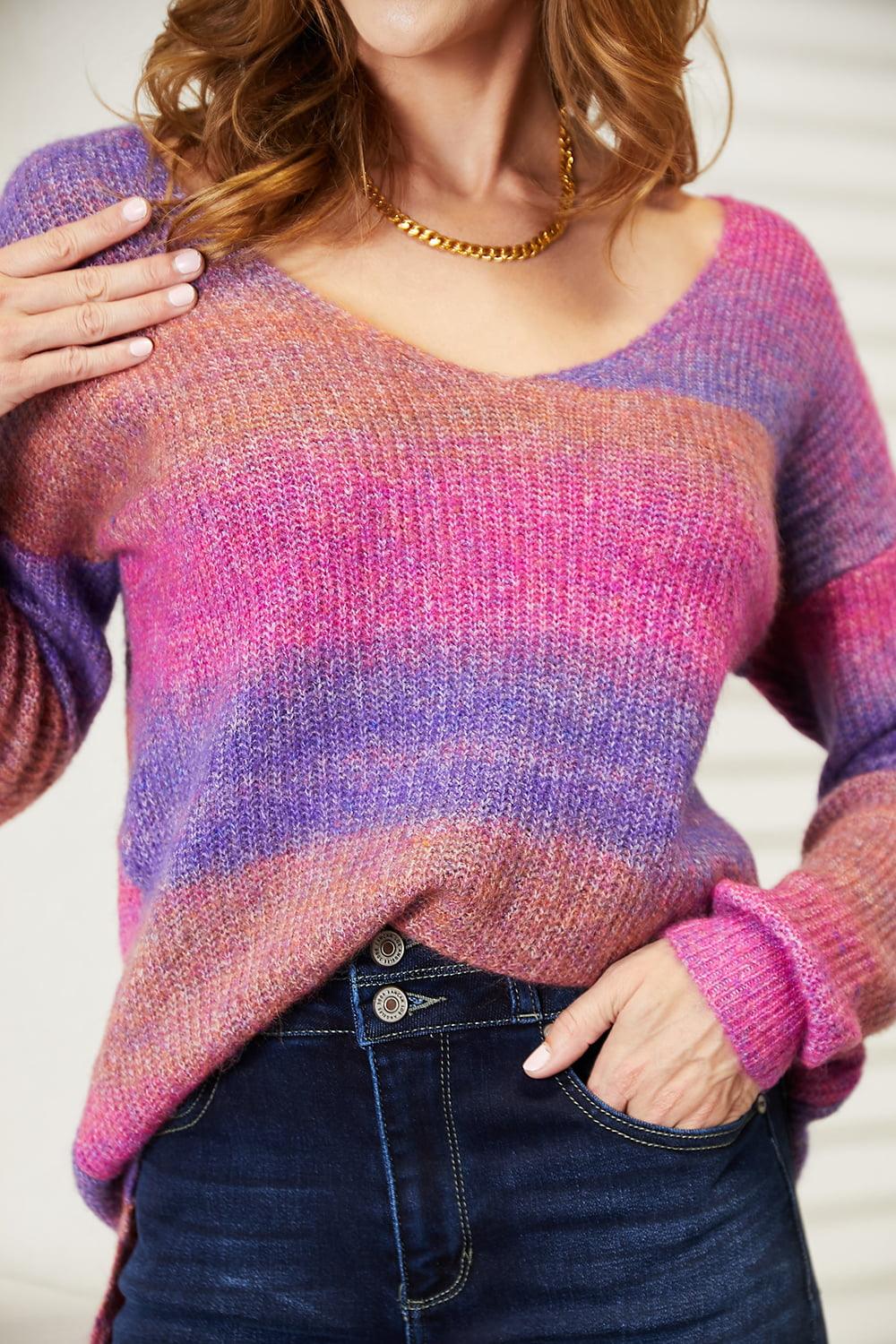 Angel Wings Multicolored Rib-Knit V-Neck Knit Pullover - Divasha