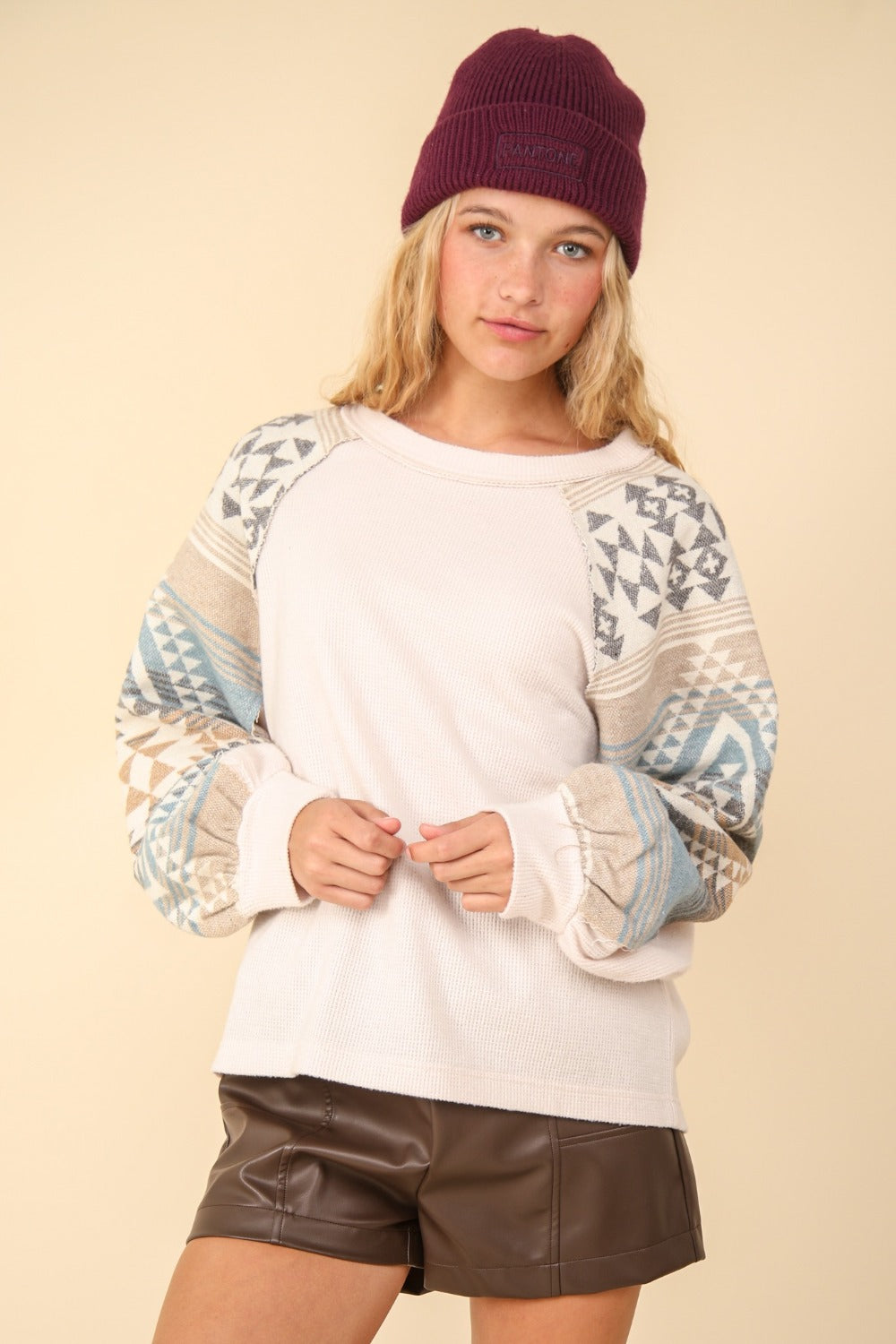 VERY J Printed Long Sleeve Round Neck Knit Top - Divasha