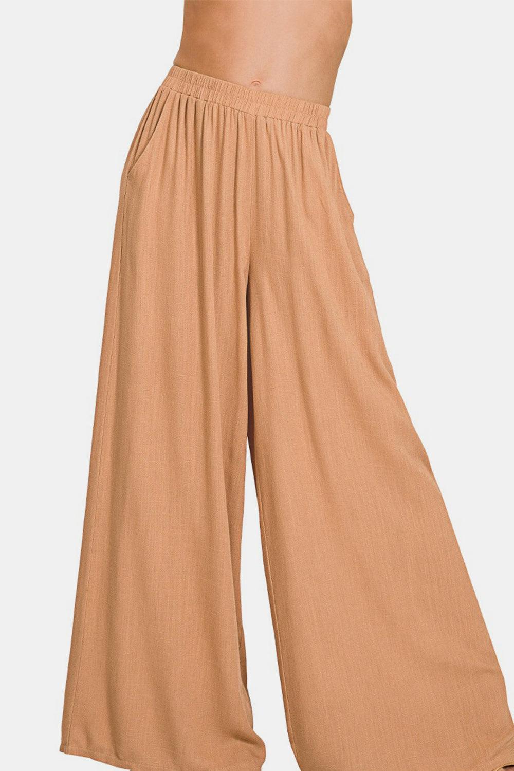 Zenana Pleated Linen Blend Wide Leg Pants - Divasha