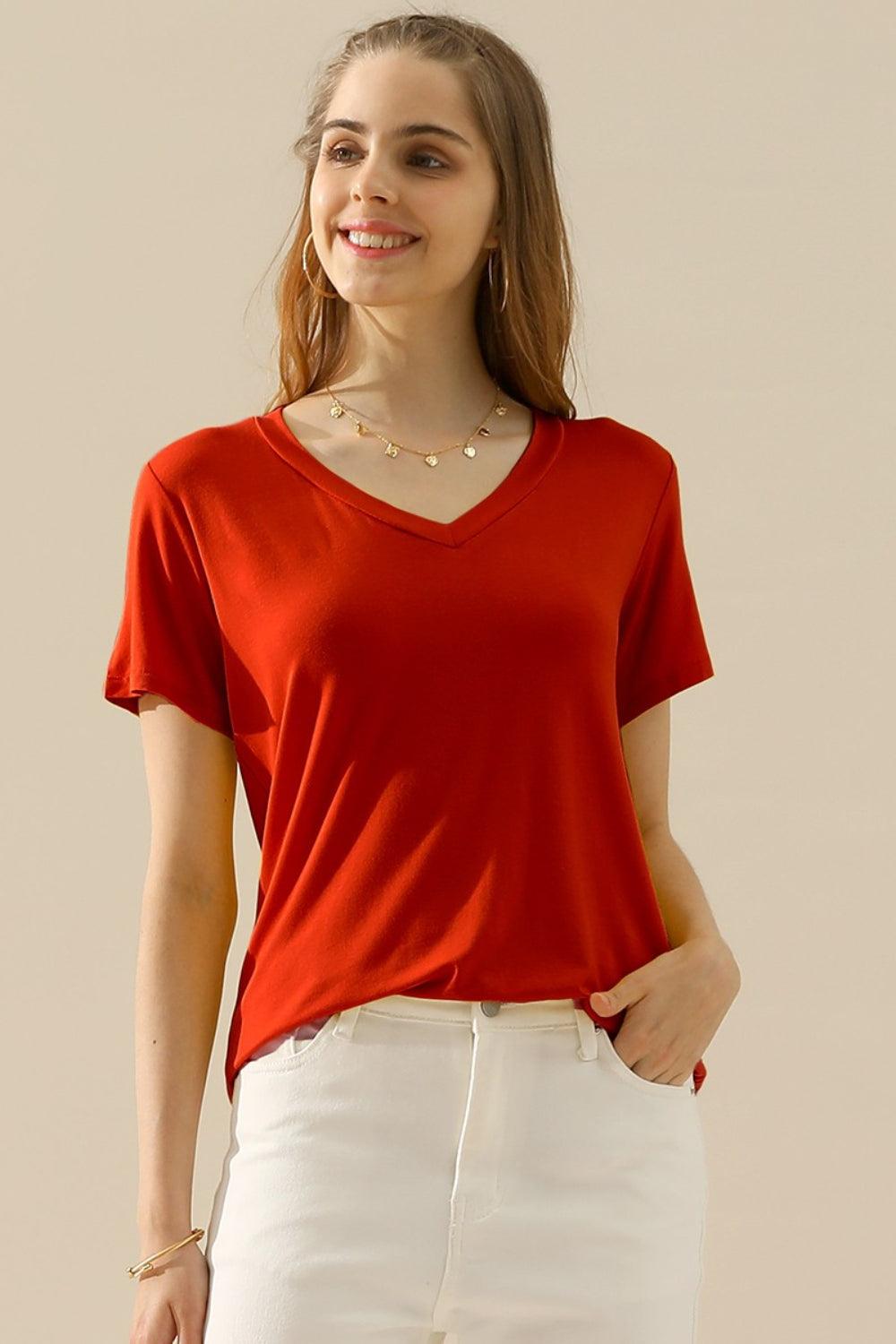 Ninexis Full Size V-Neck Short Sleeve T-Shirt - Divasha