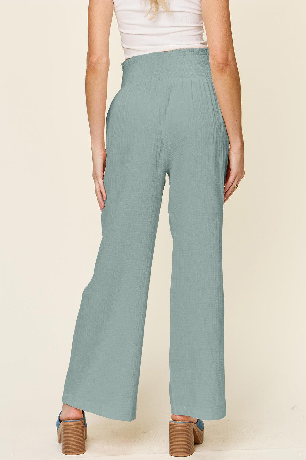 Double Take Full Size Texture Smocked Waist Wide Leg Pants - Divasha