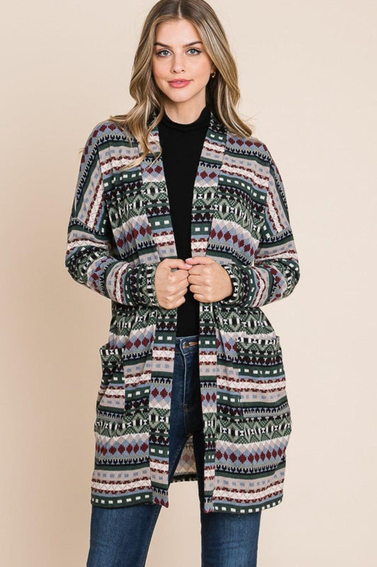 BOMBOM Geometric Open Front Long Sleeve Cardigan with Pockets - Divasha