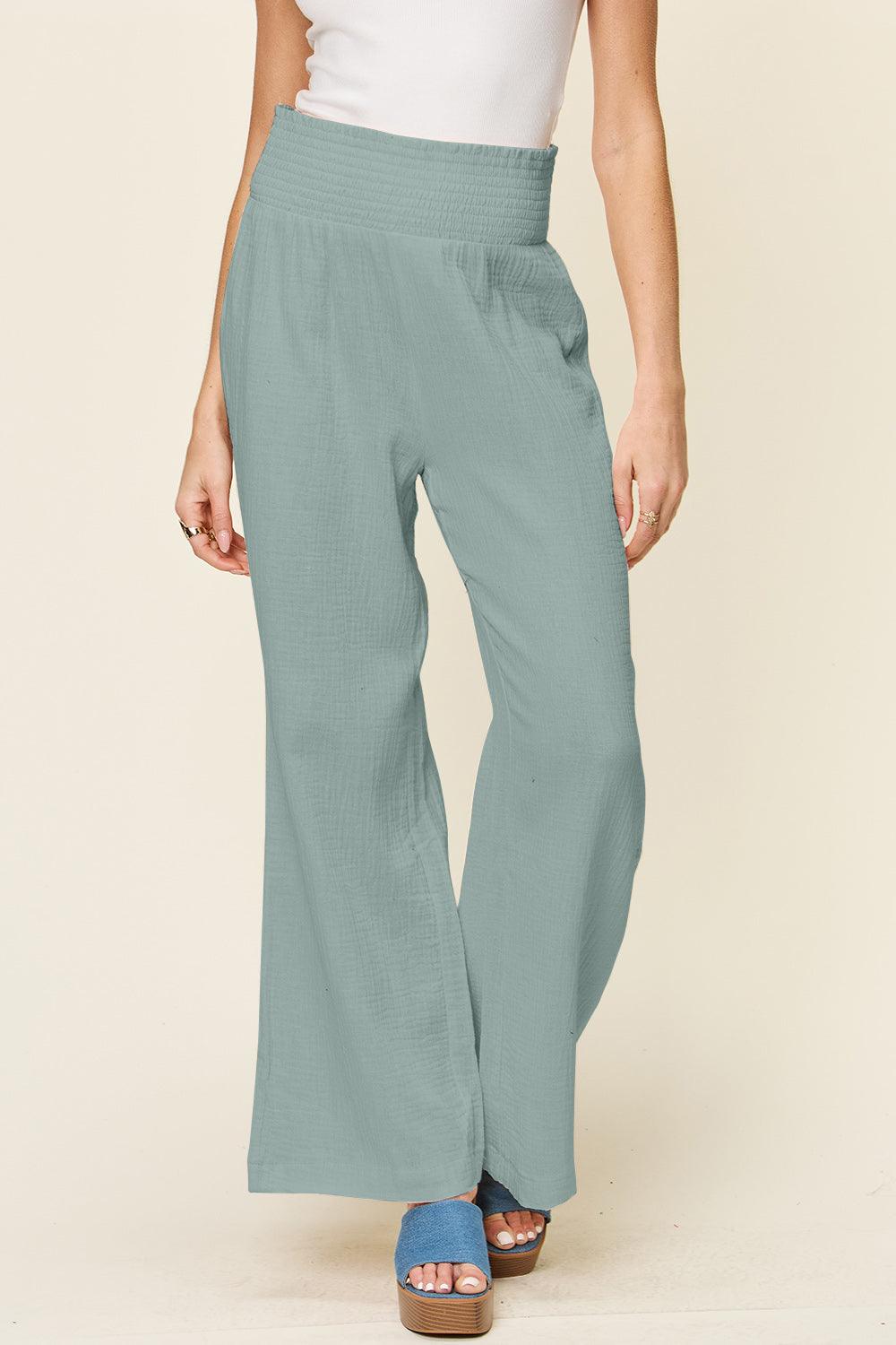 Double Take Full Size Texture Smocked Waist Wide Leg Pants - Divasha