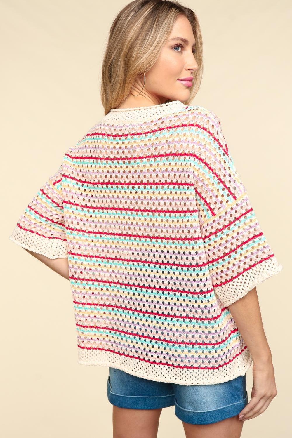 Haptics Striped Crochet Drop Shoulder Knit Top - Divasha