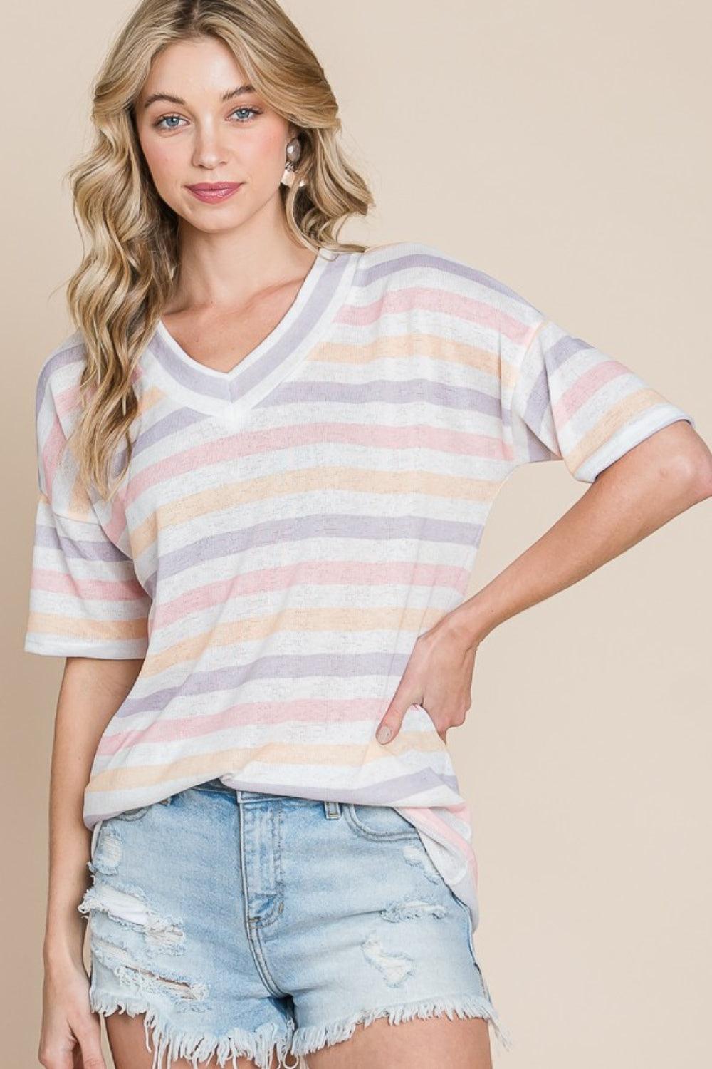 BOMBOM Striped V-Neck Short Sleeve T-Shirt - Divasha