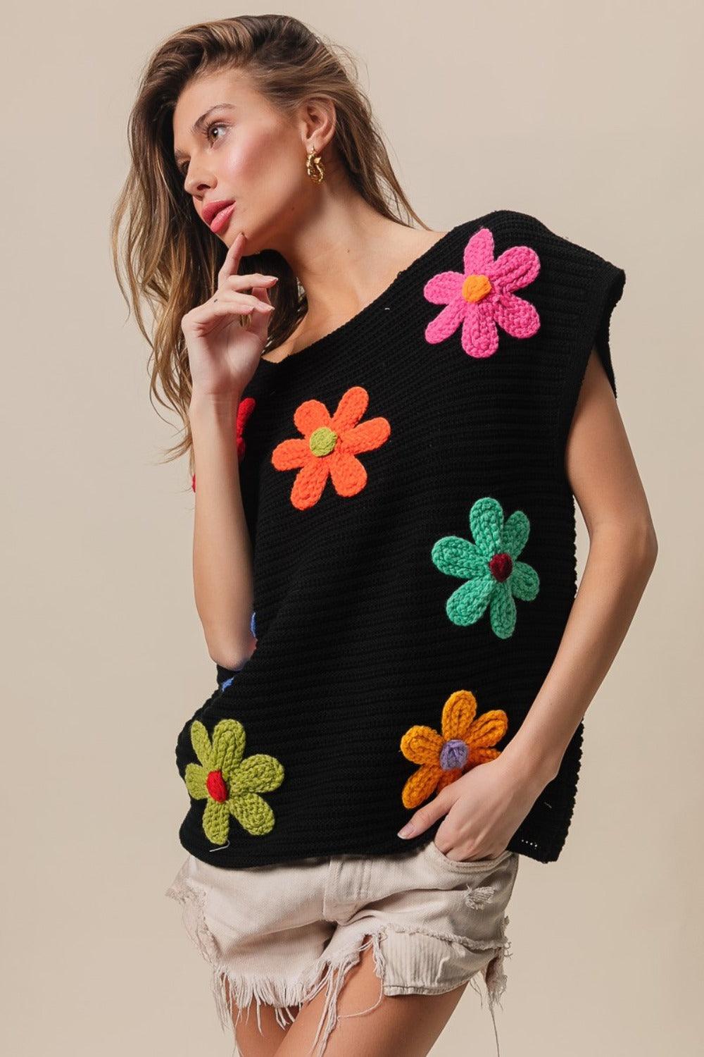 BiBi Flower Round Neck Cap Sleeve Knit Top - Divasha