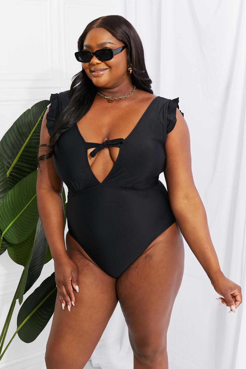 Marina West Swim Seashell Ruffle Sleeve One-Piece in Black - Divasha