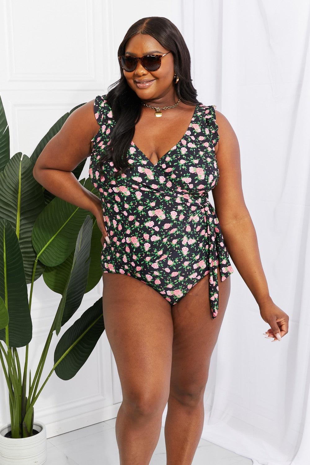 Marina West Swim Full Size Float On Ruffle Faux Wrap One-Piece in Floral - Divasha