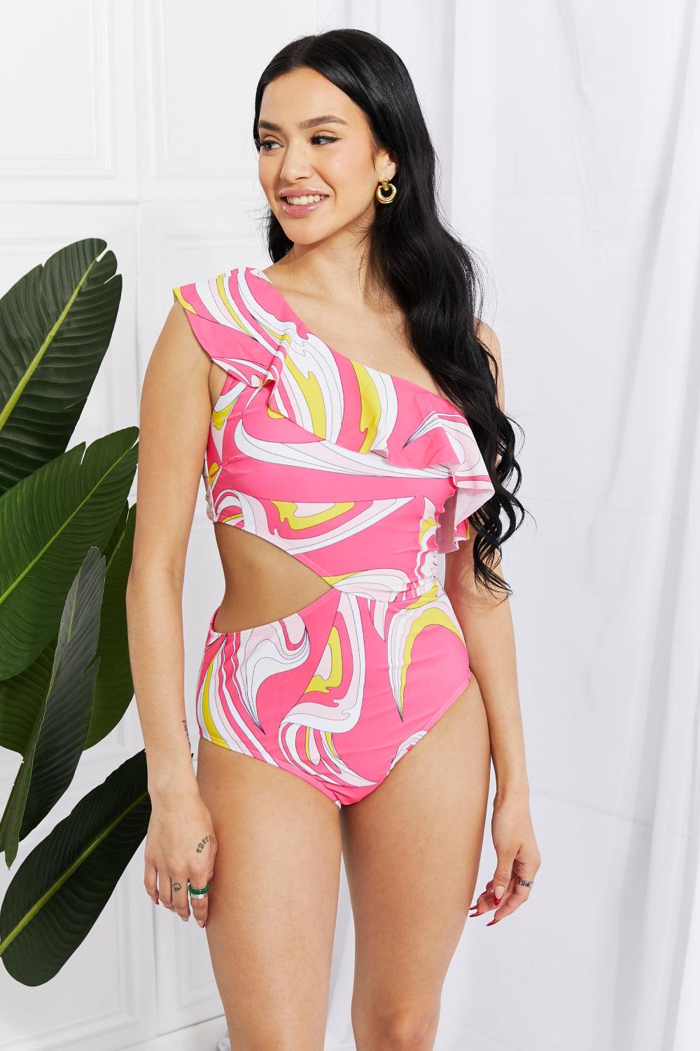 Marina West Swim Vitamin C Asymmetric Cutout Ruffle Swimsuit in Pink - Divasha