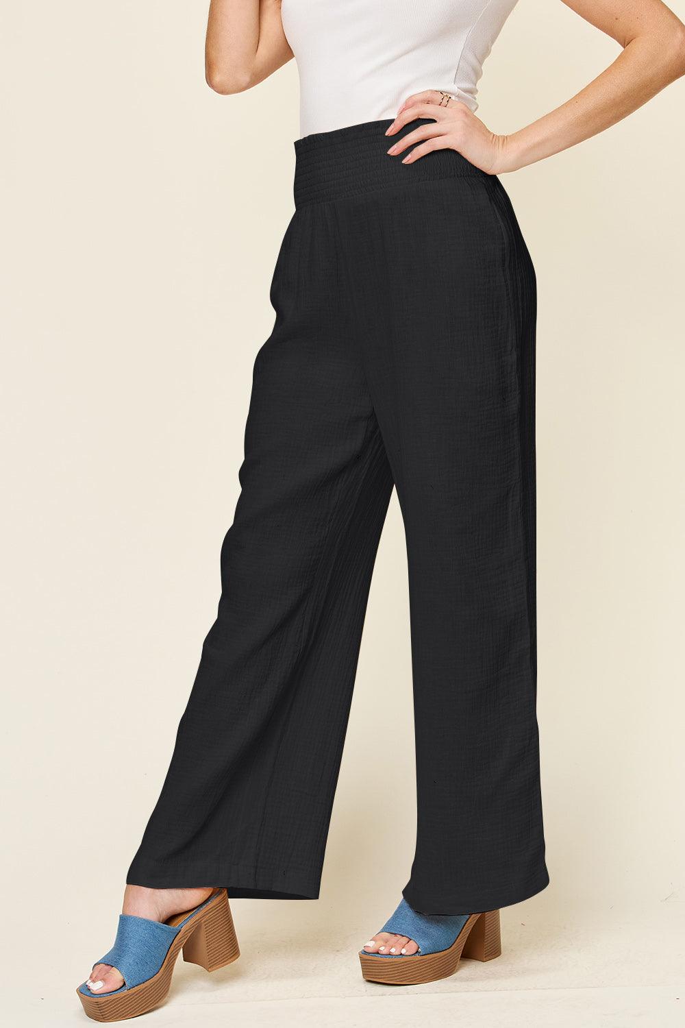 Double Take Full Size Texture Smocked Waist Wide Leg Pants - Divasha