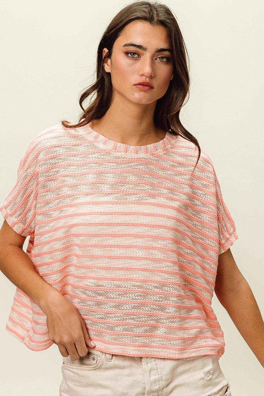 BiBi Braid Striped Short Sleeve Round Neck T-Shirt - Divasha