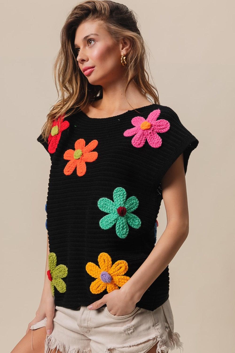 BiBi Flower Round Neck Cap Sleeve Knit Top - Divasha