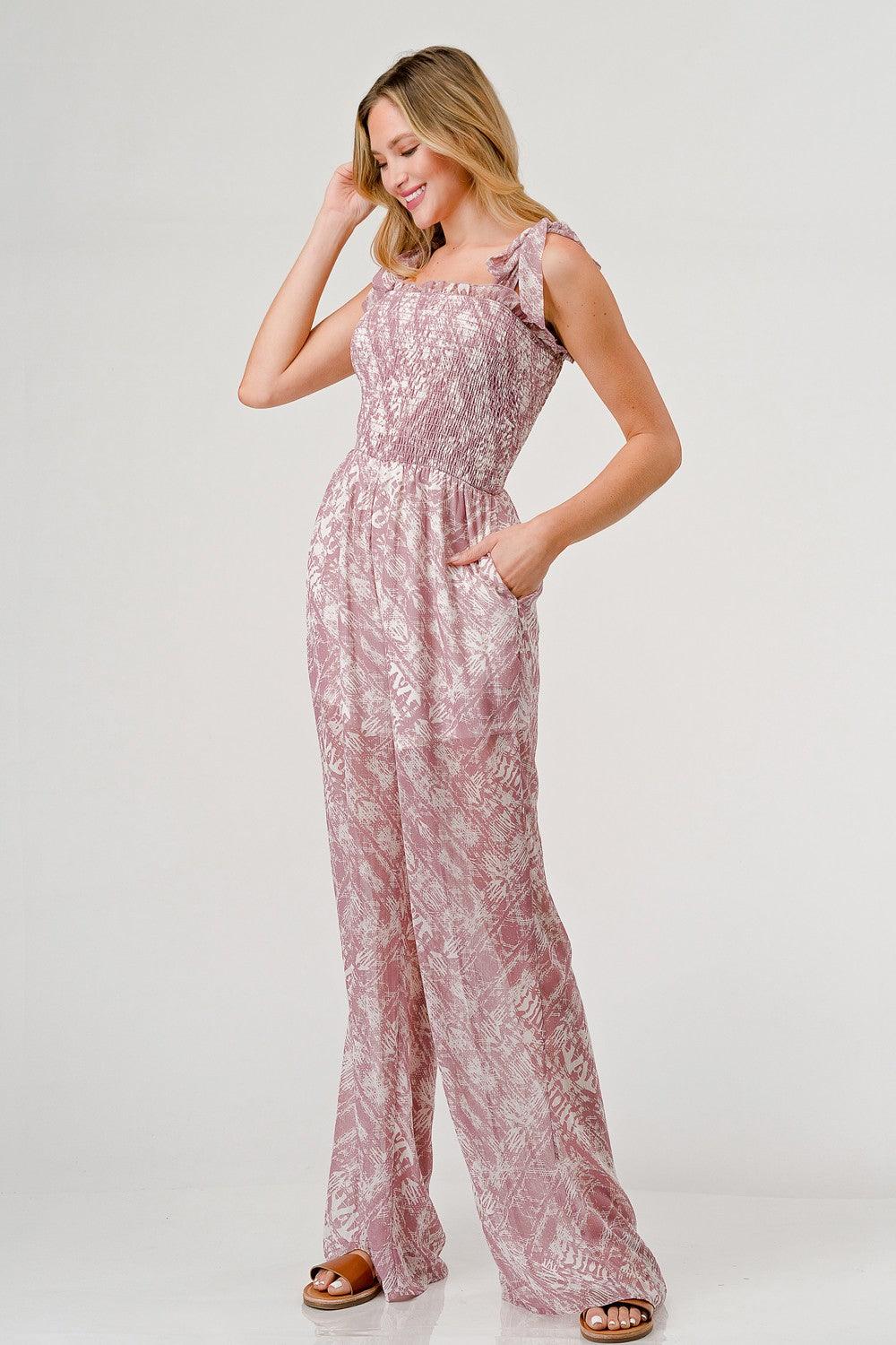 GeeGee Printed Tie Shoulder Wide Leg Jumpsuit - Divasha