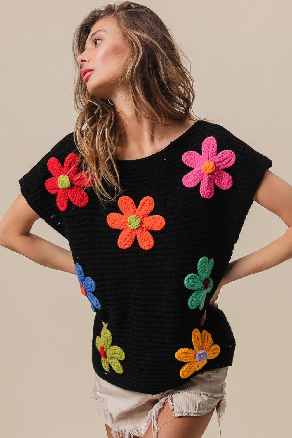 BiBi Flower Round Neck Cap Sleeve Knit Top - Divasha