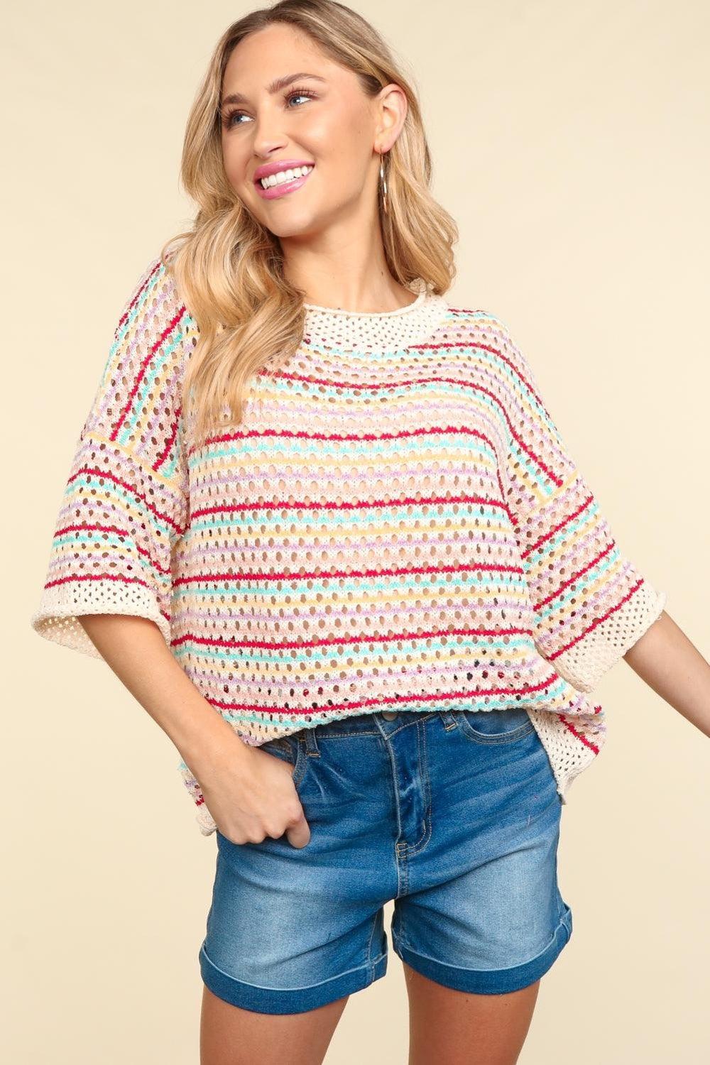 Haptics Striped Crochet Drop Shoulder Knit Top - Divasha