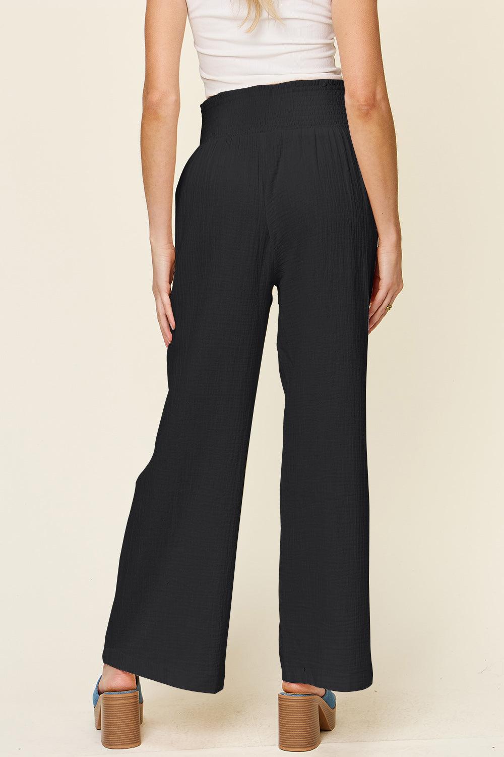 Double Take Full Size Texture Smocked Waist Wide Leg Pants - Divasha