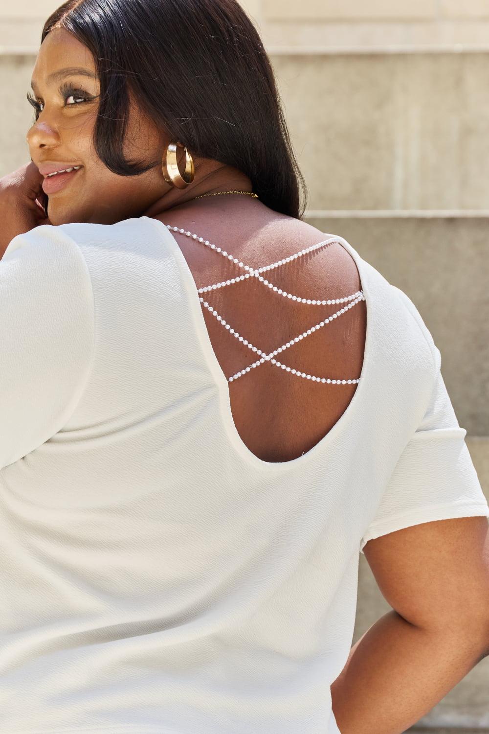 And The Why Pearly White Full Size Criss Cross Pearl Detail Open Back T-Shirt - Divasha