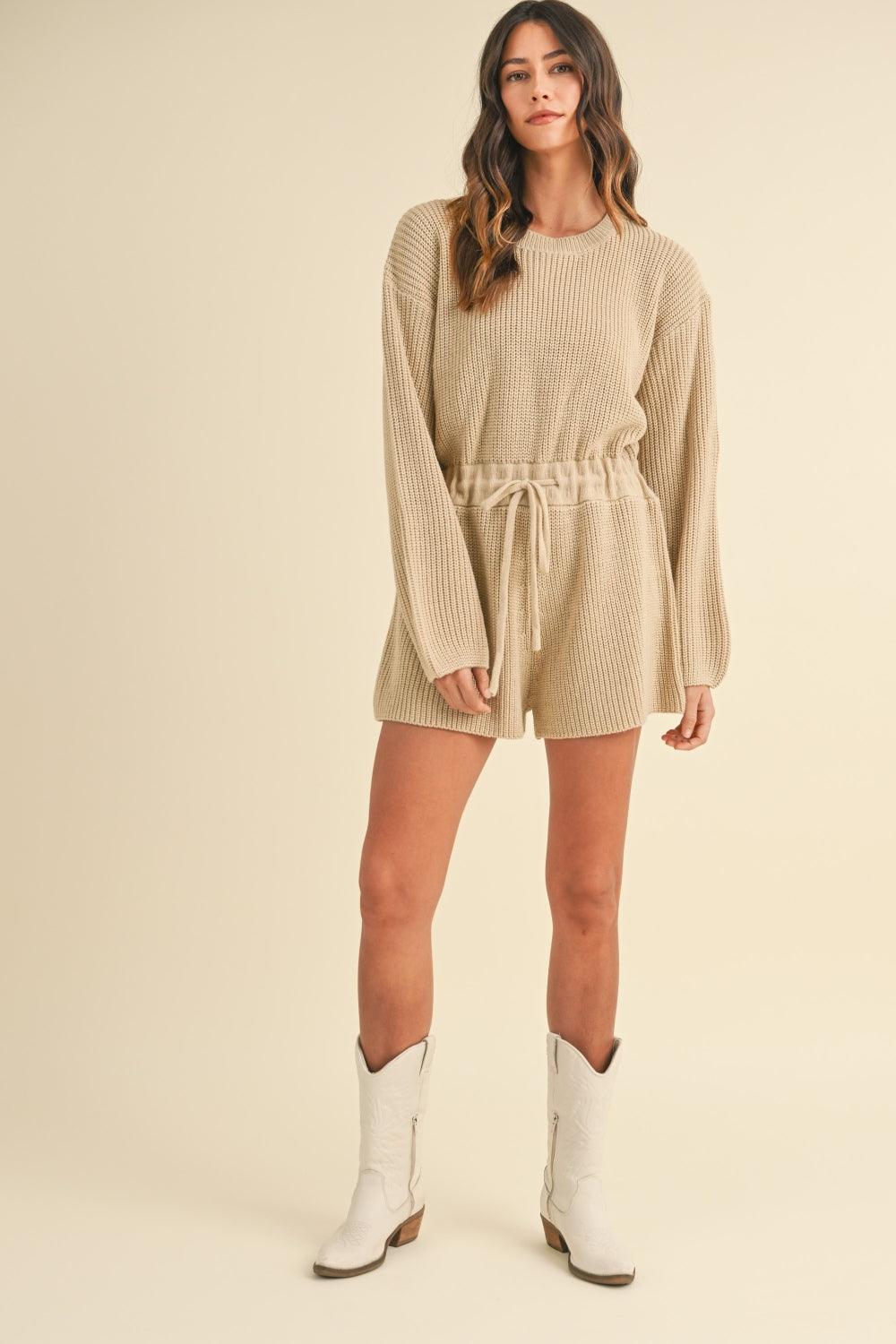 MABLE Round Neck Long Sleeve Sweater Romper - Divasha