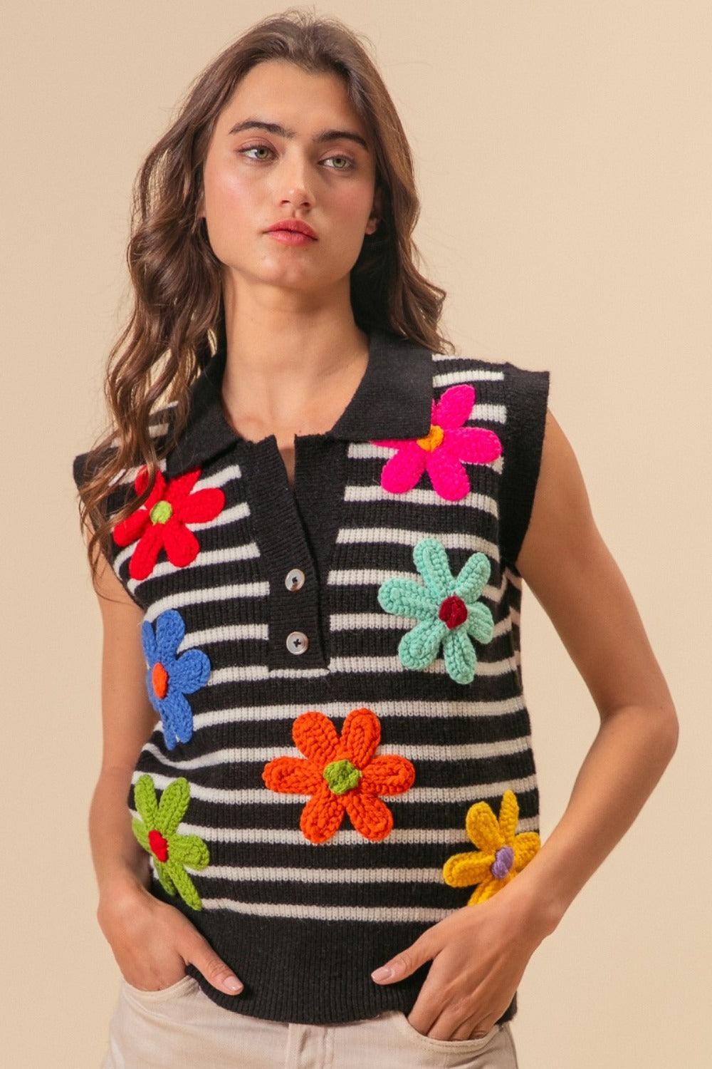 BiBi Flower Patch Striped Half Button Sweater Vest - Divasha