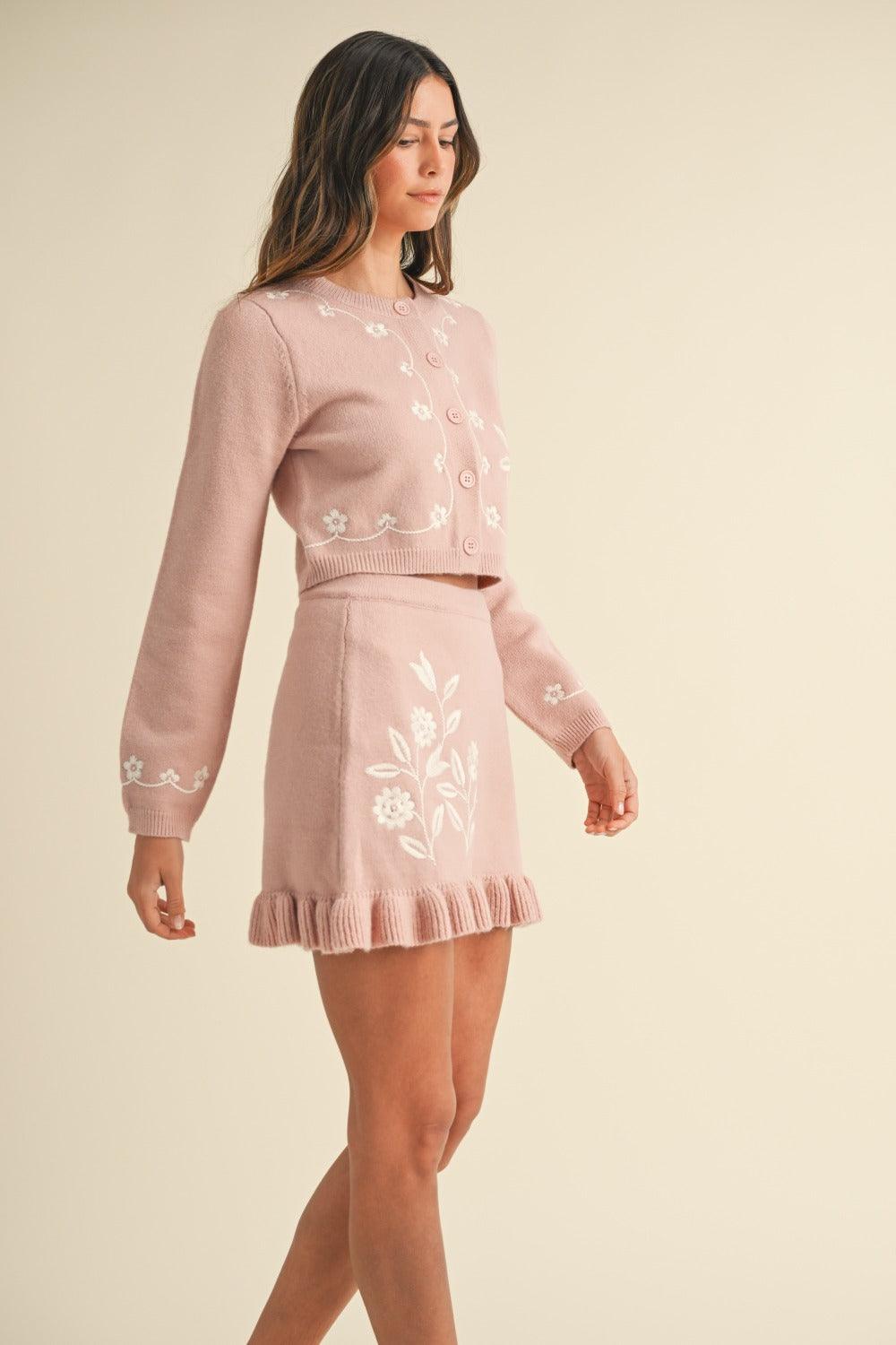 MABLE Floral Embroidered Crop Cardigan and Ruffled Mini Skirt Set - Divasha