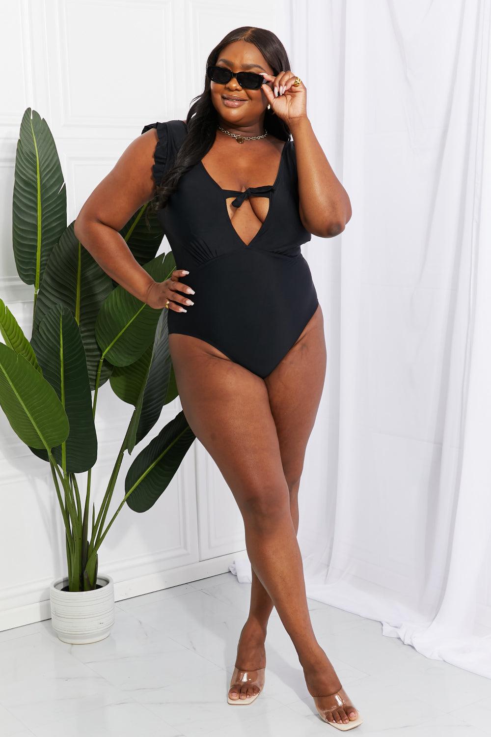 Marina West Swim Seashell Ruffle Sleeve One-Piece in Black - Divasha