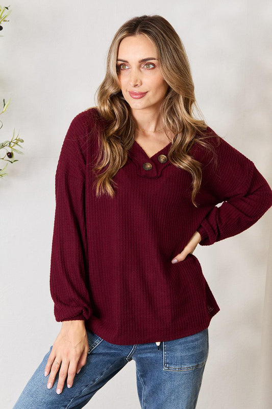 Zenana Buttoned V-Neck Long Sleeve Blouse - Divasha