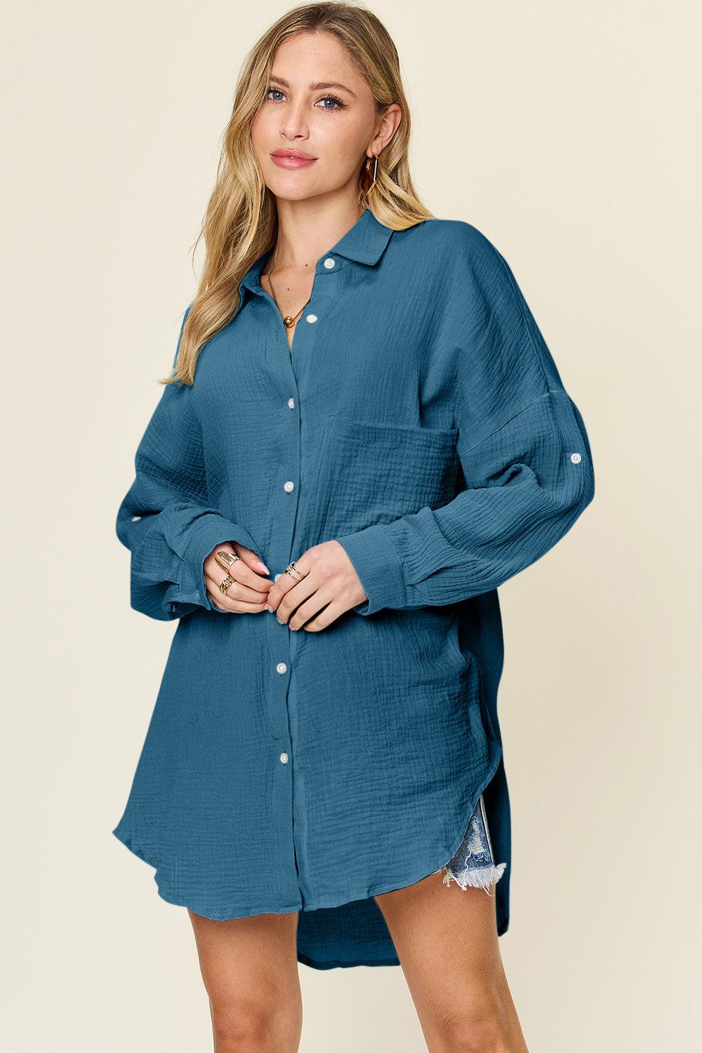 Double Take Full Size Pocketed Texture Button Up Shirt - Divasha